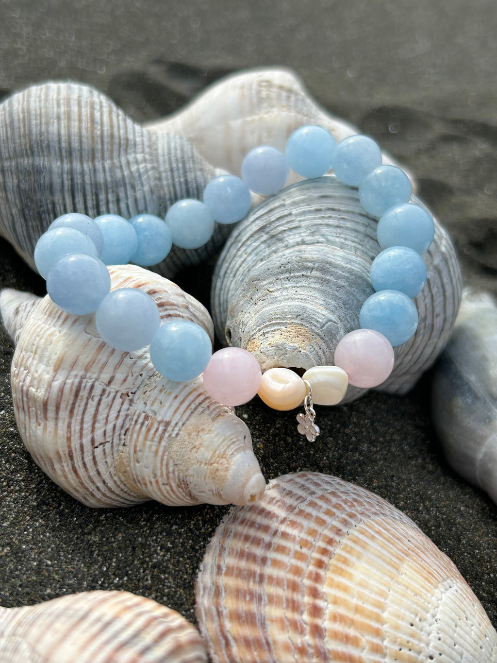 "Balance" Aquamarine Chalcedony & Rose Quartz Sterling Silver Charm Bracelet