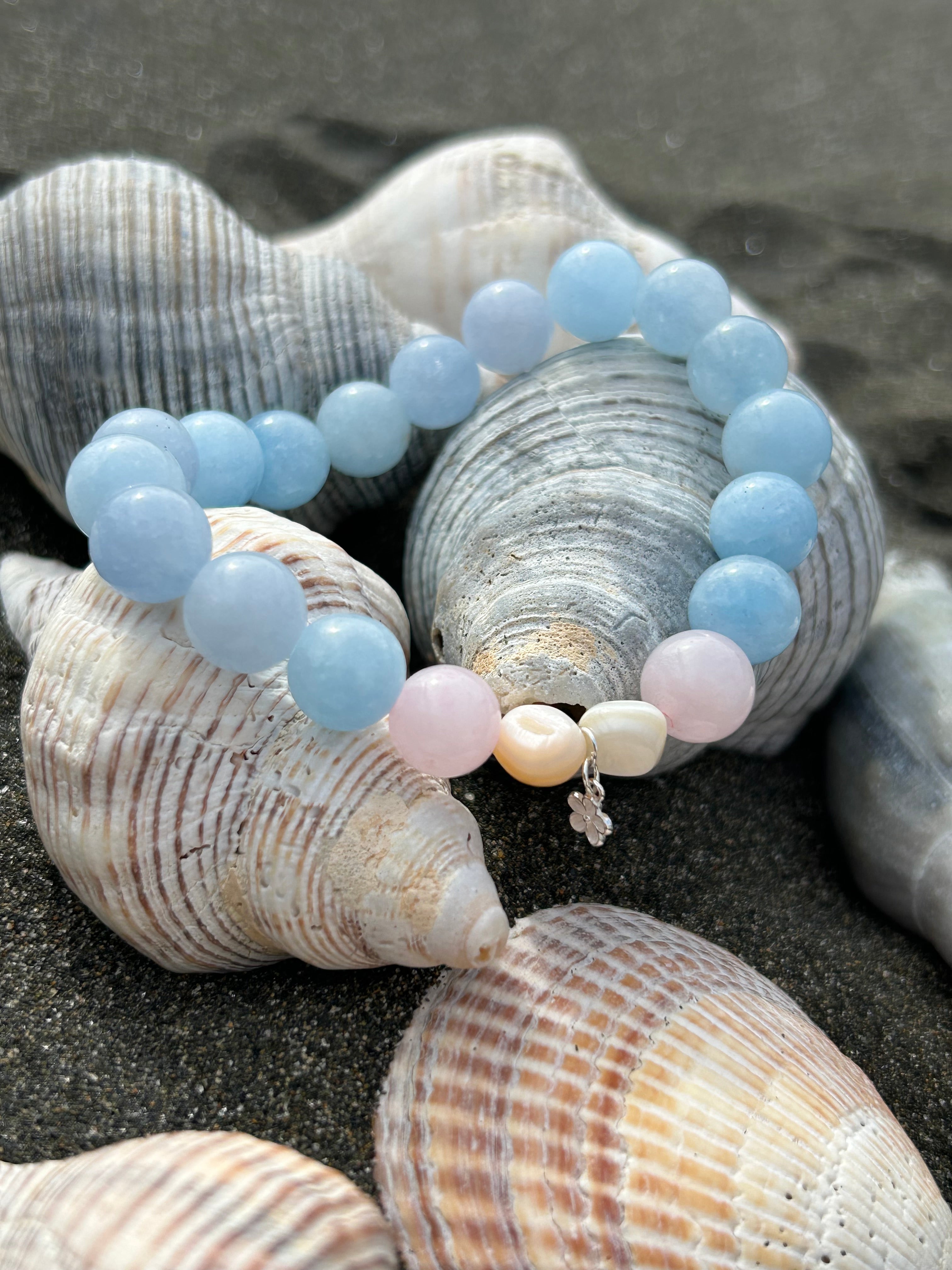"Balance" Aquamarine Chalcedony & Rose Quartz Sterling Silver Charm Bracelet