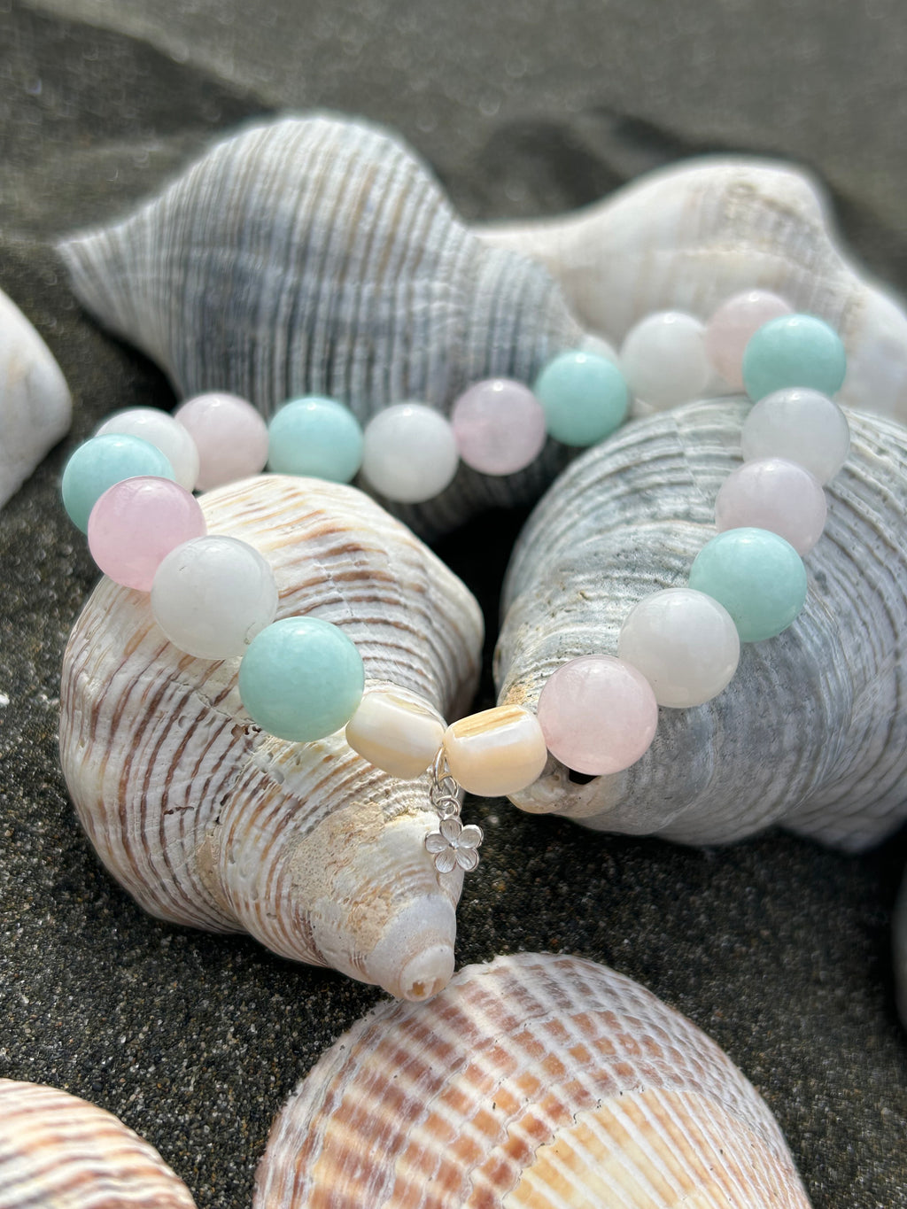 "Love, Peace & Harmony" Rose Quartz, Green Amazonite & White Jade Gemstone and Sterling Silver Charm Bracelet