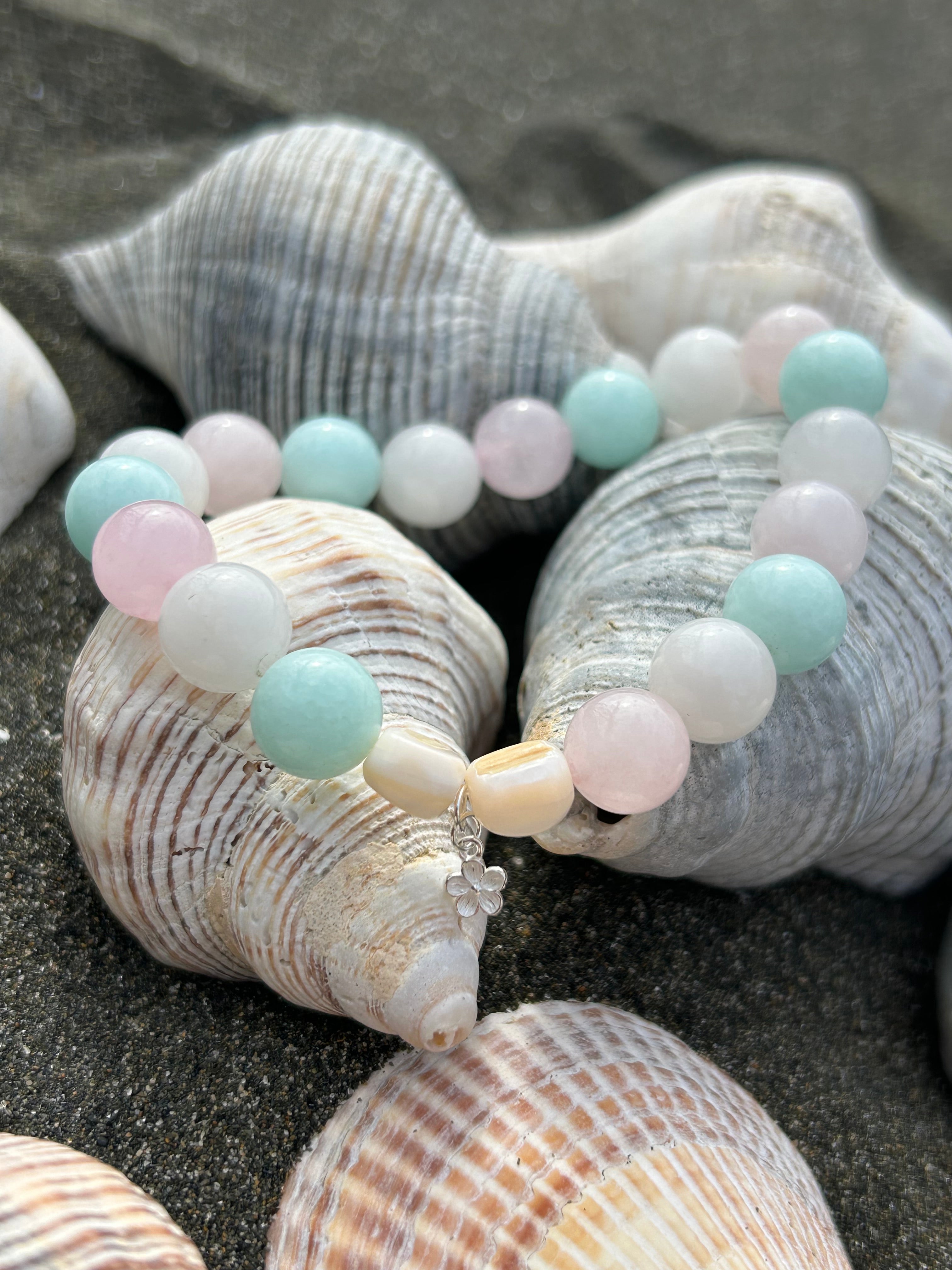 "Love, Peace & Harmony" Rose Quartz, Green Amazonite & White Jade Gemstone and Sterling Silver Charm Bracelet
