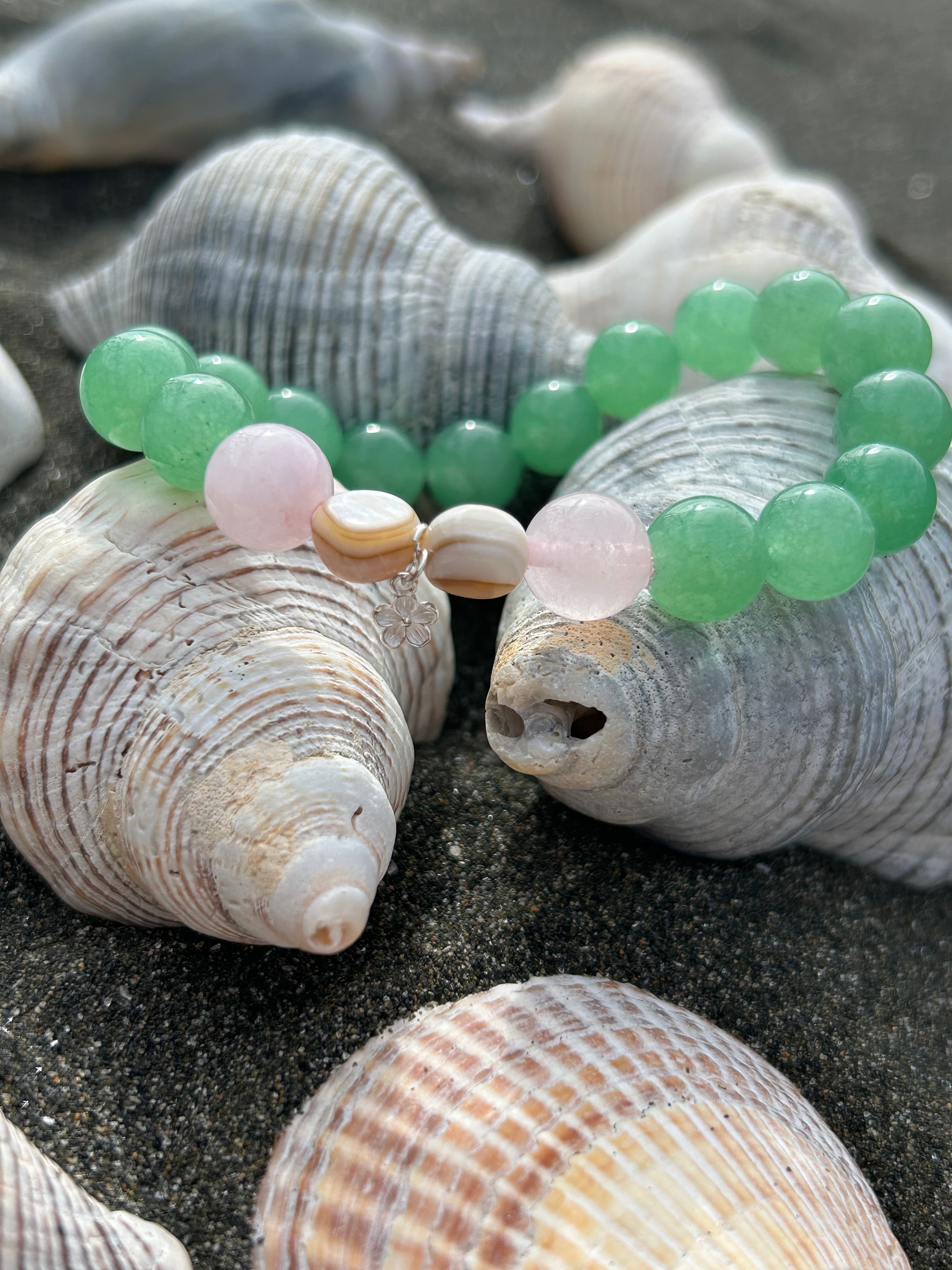 "Lucky" Green Aventurine & Rose Quartz Gemstone and Sterling Silver Charm Bracelet