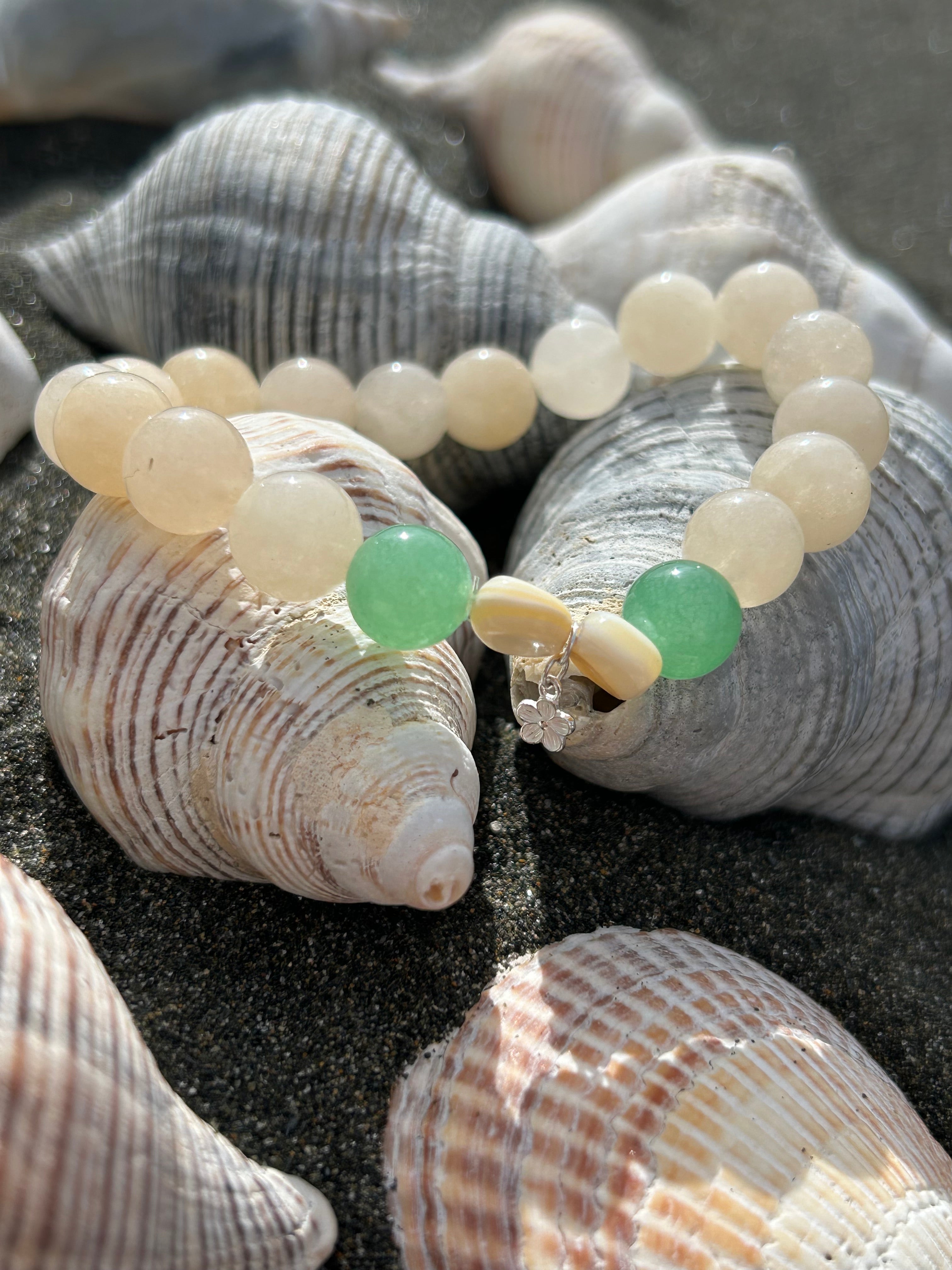 "Success" Honey Calcite & Green Aventurine Gemstone & Sterling Silver Charm Bracelet