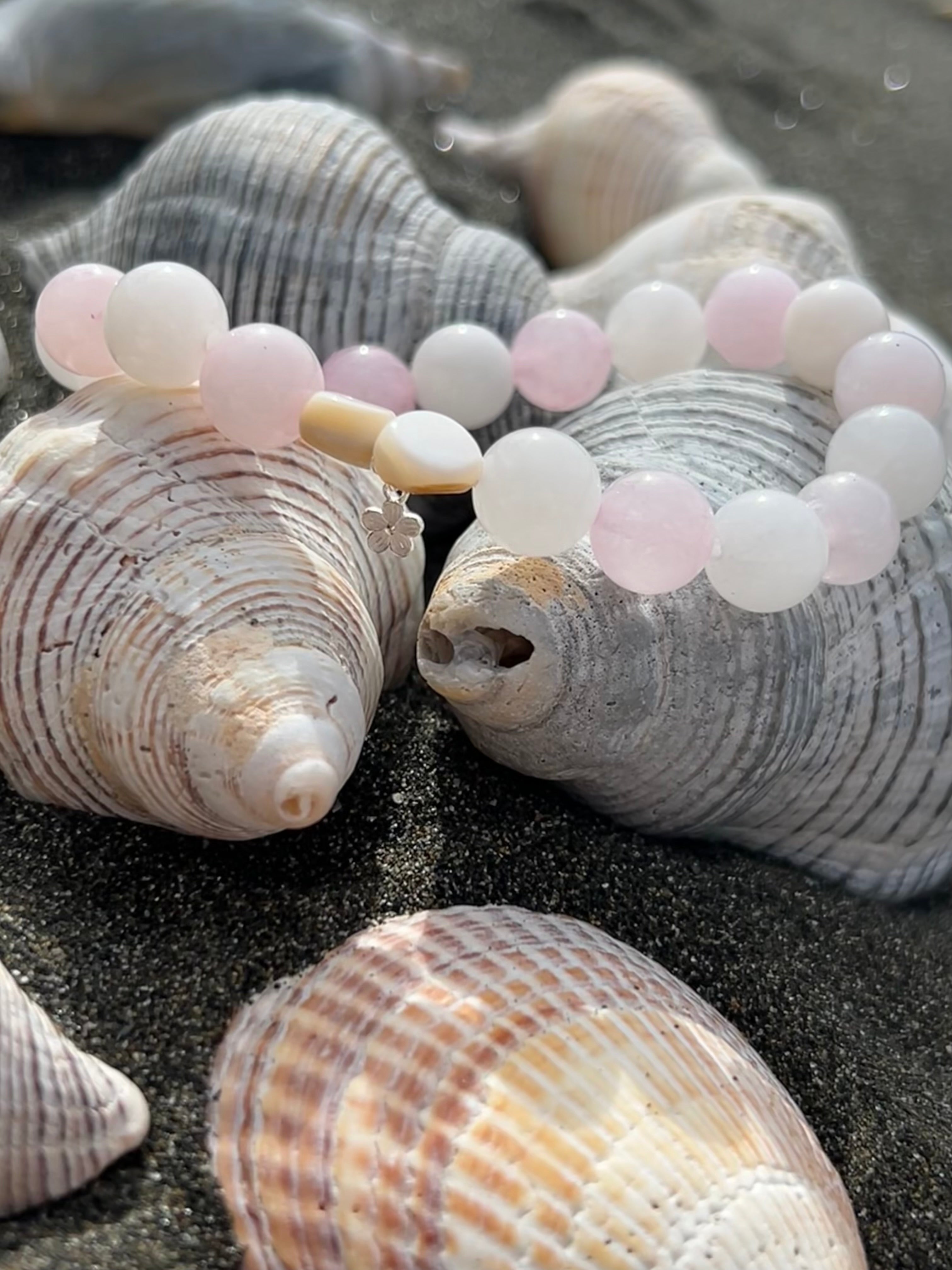 "Gentle Tranquility" Rose Quartz & White Jade Gemstone Bracelet with Silver Charm