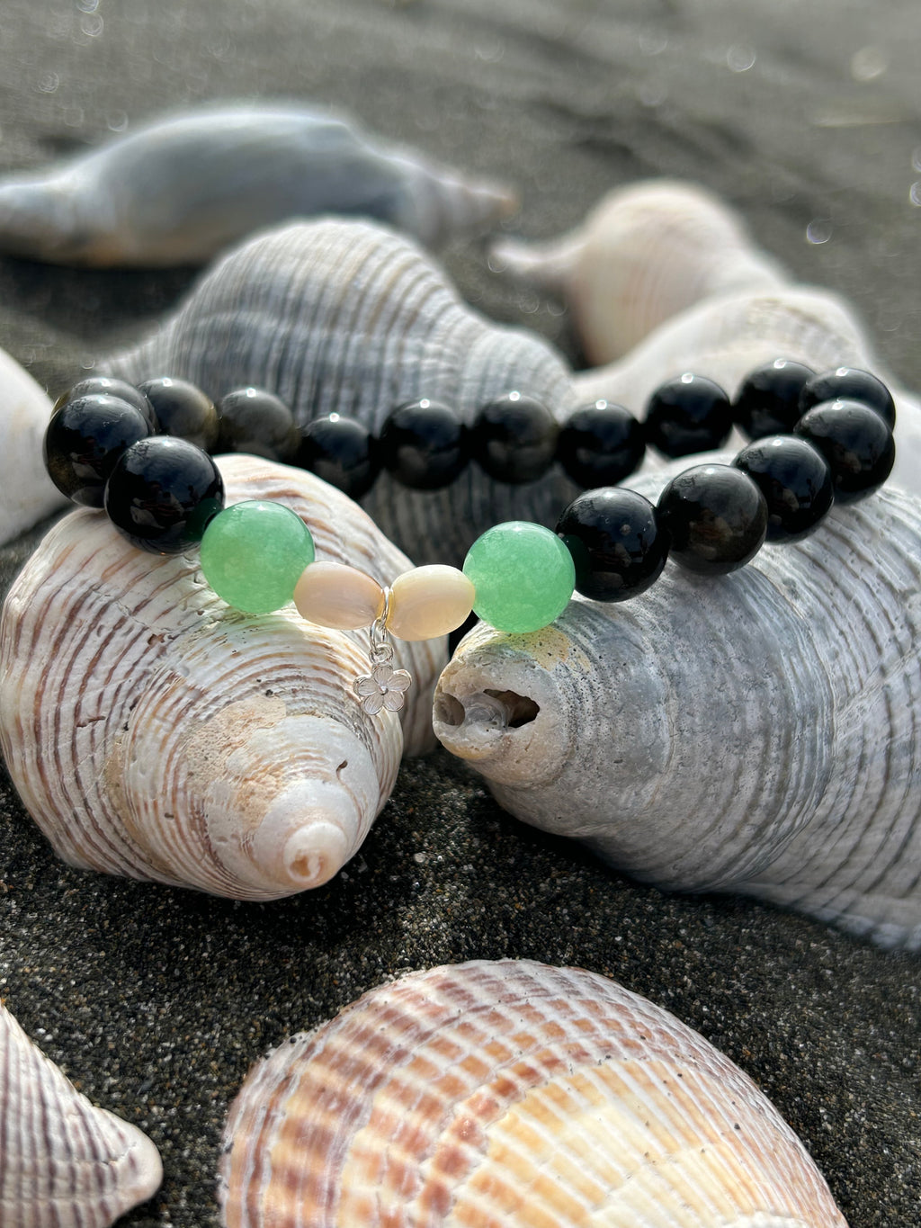 "Protection" Golden Obsidian & Green Aventurine Gemstone and Sterling Silver Charm Bracelet