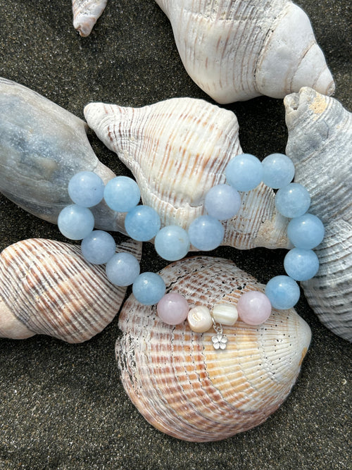 "Balance" Aquamarine Chalcedony & Rose Quartz Sterling Silver Charm Bracelet