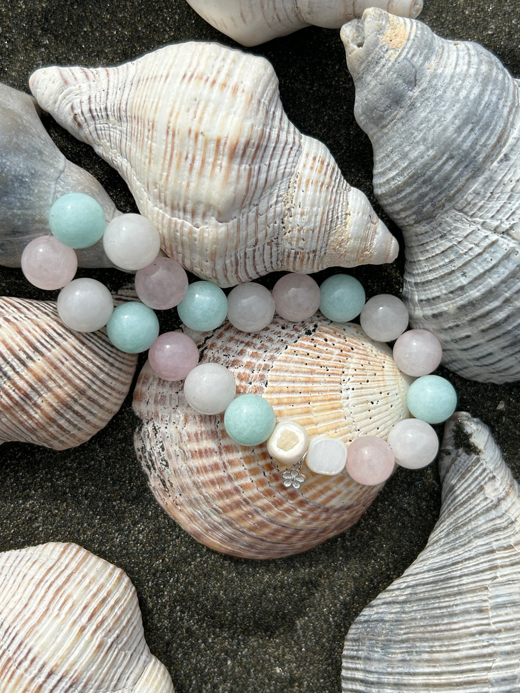 "Love, Peace & Harmony" Rose Quartz, Green Amazonite & White Jade Gemstone and Sterling Silver Charm Bracelet