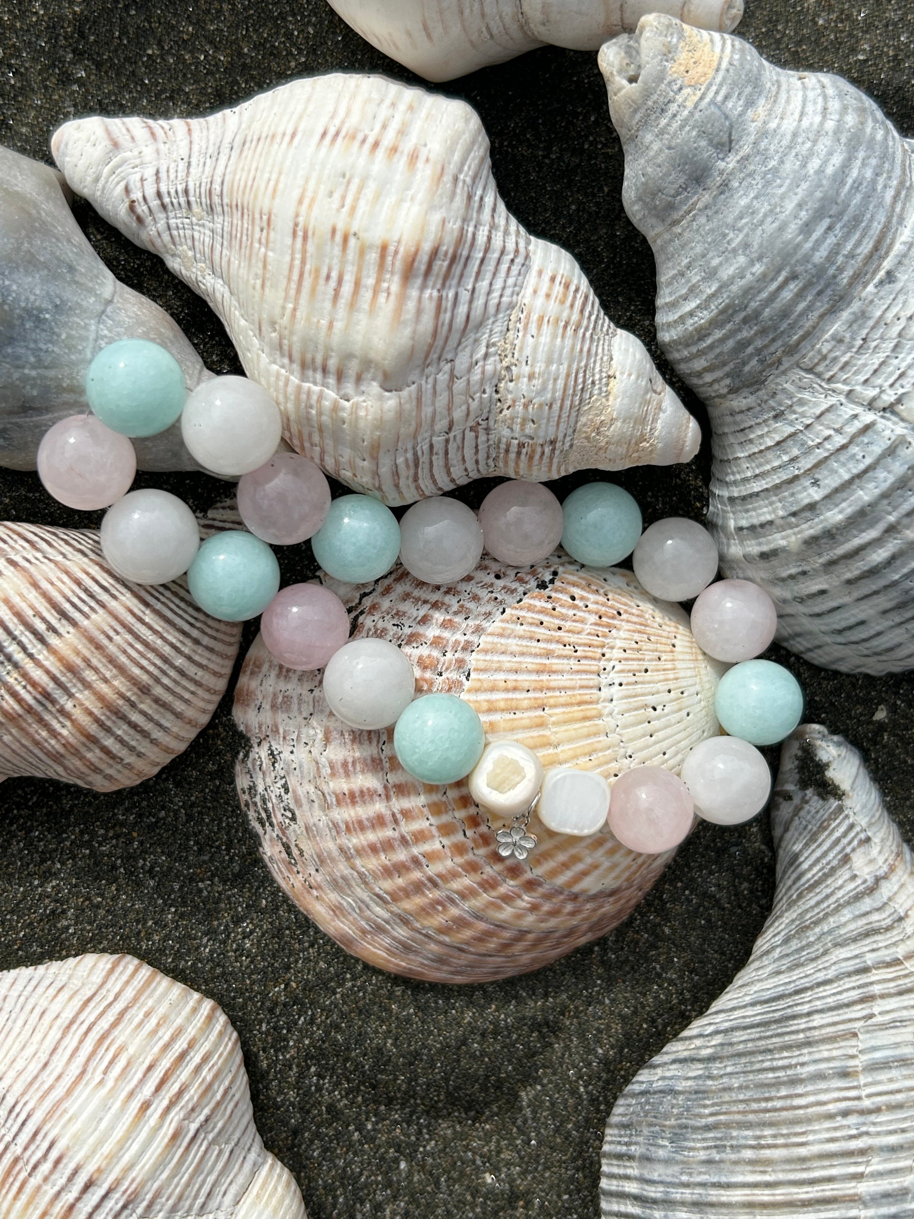 "Love, Peace & Harmony" Rose Quartz, Green Amazonite & White Jade Gemstone and Sterling Silver Charm Bracelet