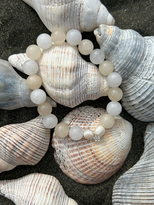 "Joy and Peace" Honey Calcite & White Jade Gemstone and Sterling Silver Charm Bracelet