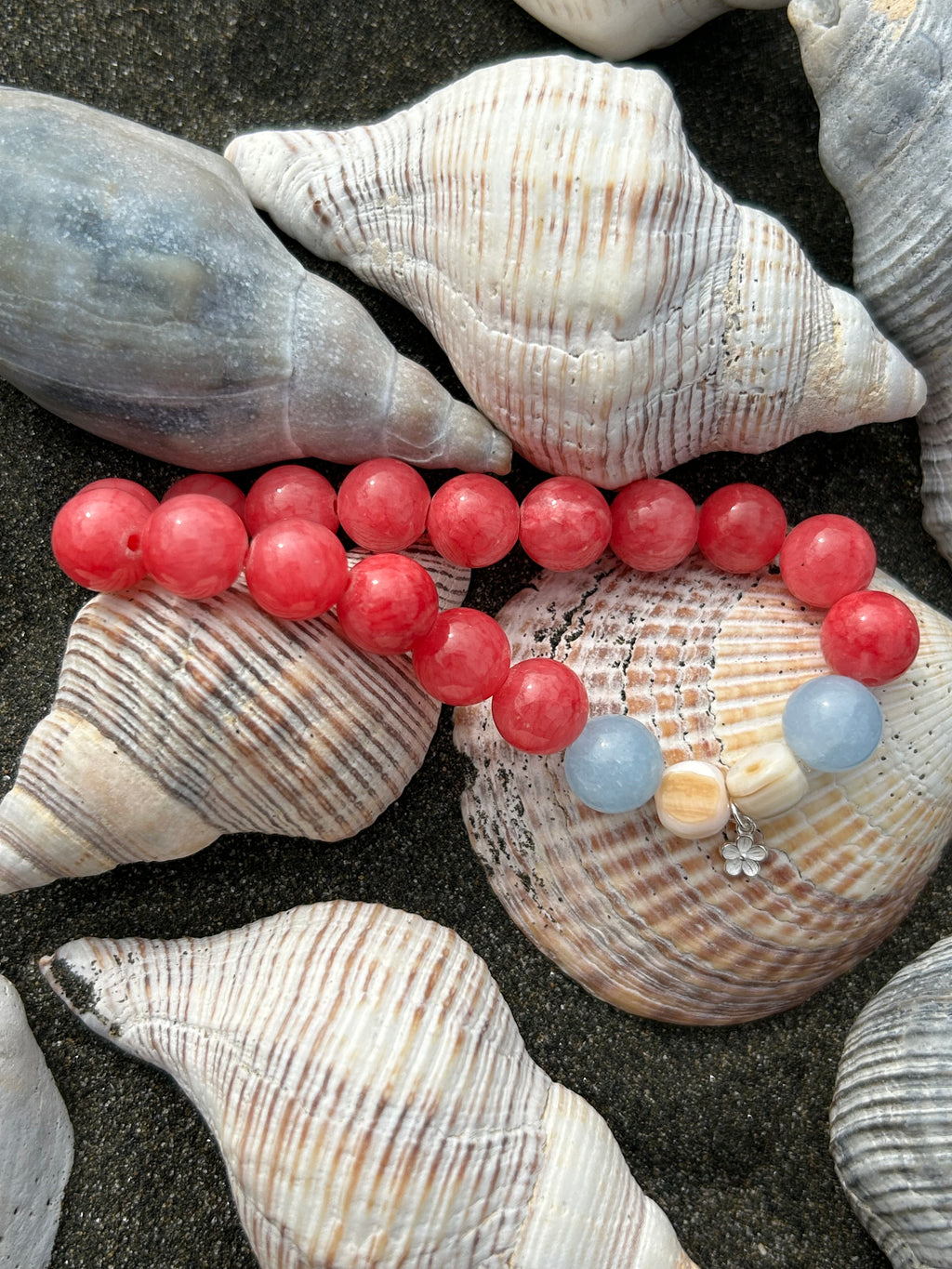 "Selfless Love" Rhodochrosite & Aquamarine Chalcedony Sterling Silver Charm Bracelet