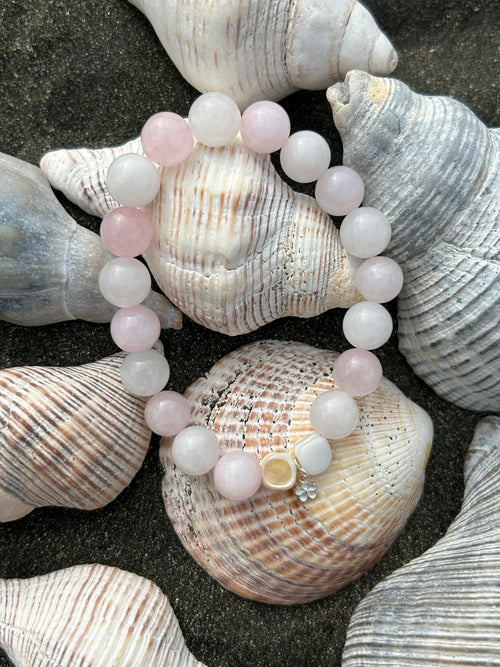 "Gentle Tranquility" Rose Quartz & White Jade Gemstone Bracelet with Silver Charm