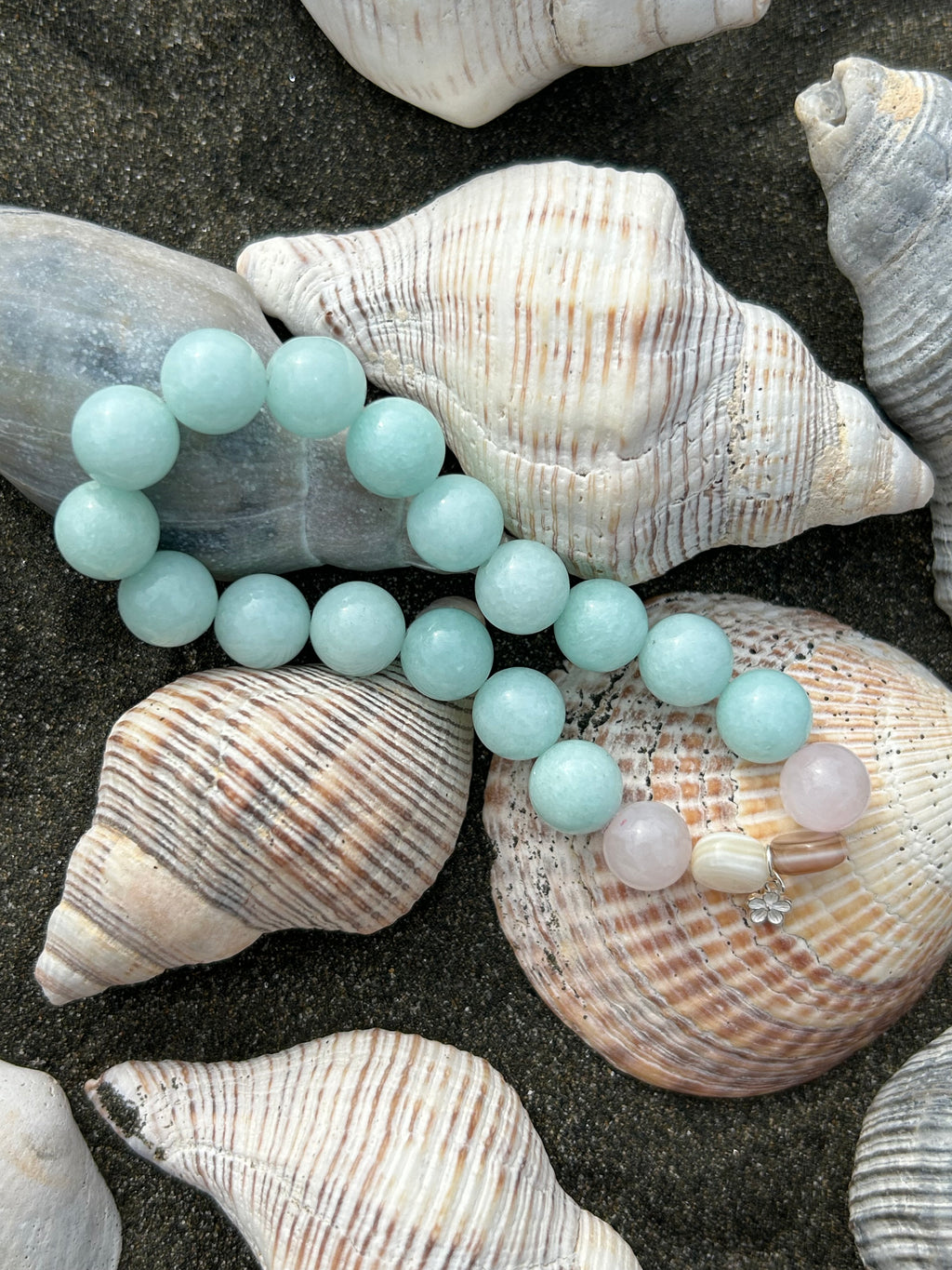 "Harmony" Green Amazonite & Rose Quartz Gemstone and Sterling Silver Charm Bracelet