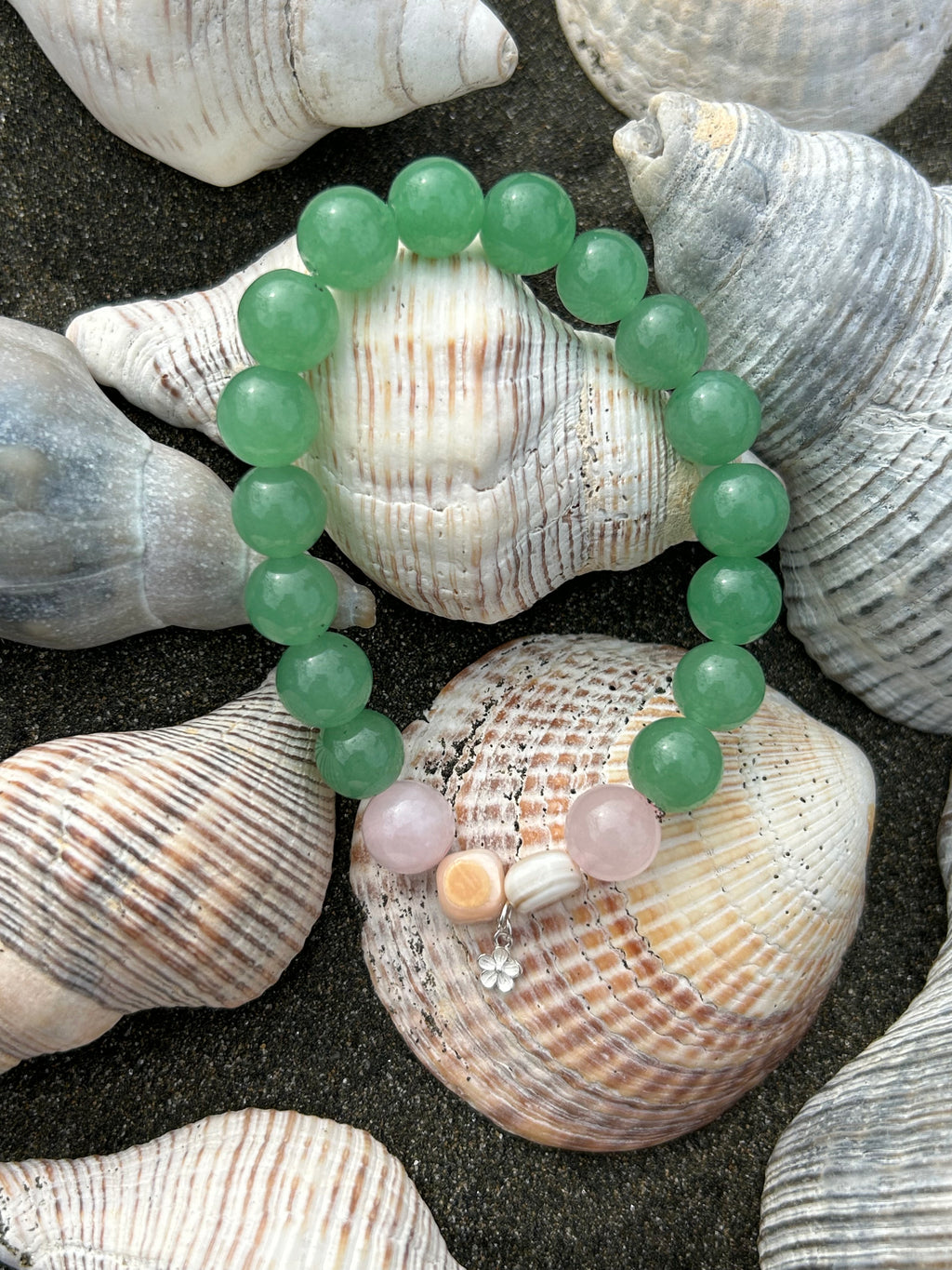 "Lucky" Green Aventurine & Rose Quartz Gemstone and Sterling Silver Charm Bracelet