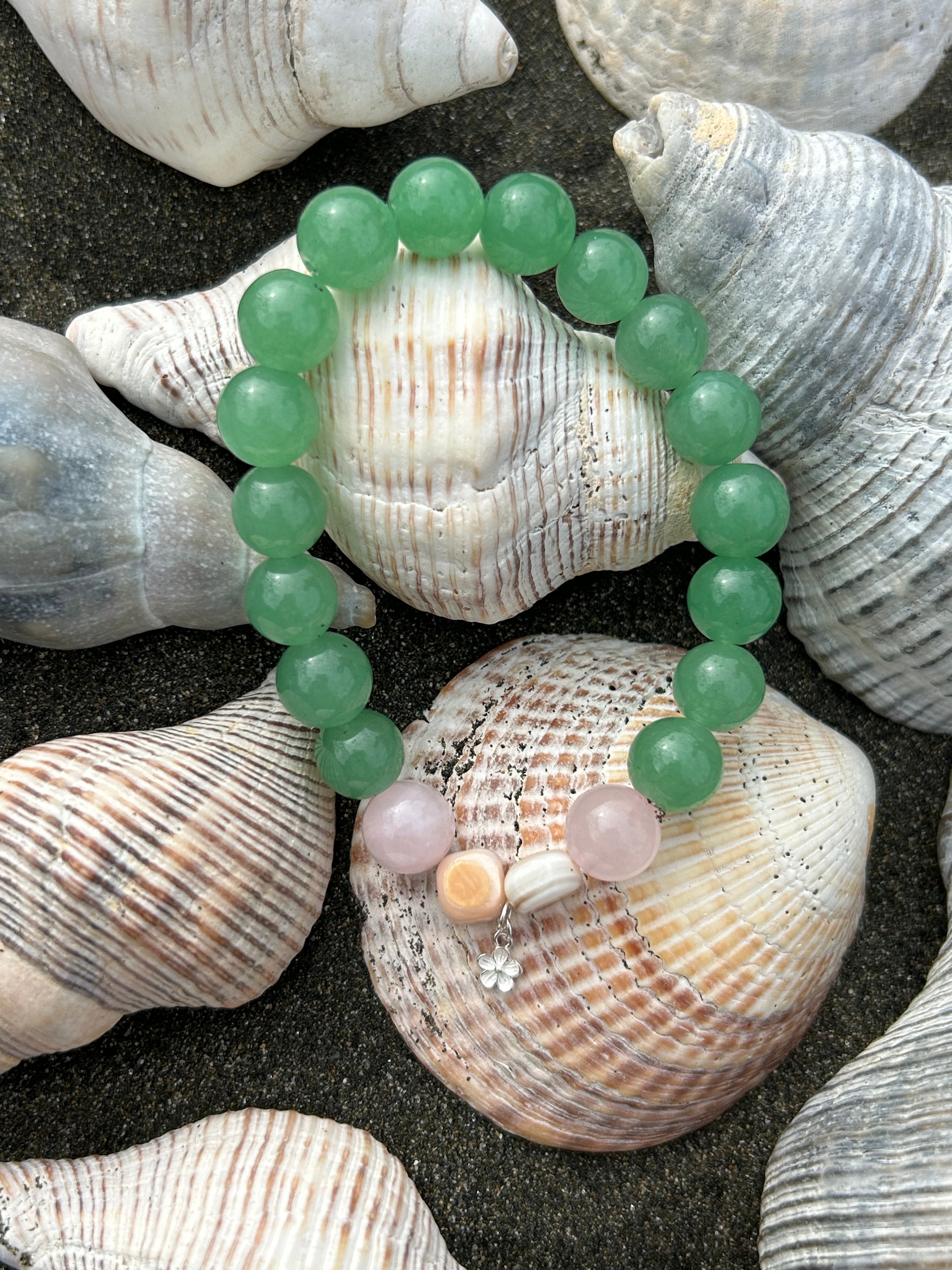 "Lucky" Green Aventurine & Rose Quartz Gemstone and Sterling Silver Charm Bracelet