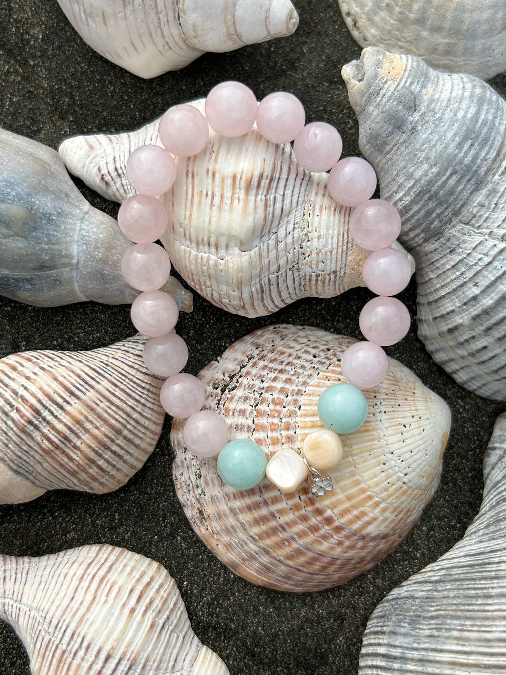"Unconditional Love" Rose Quartz & Green Amazonite Gemstone and Sterling Silver Charm Bracelet