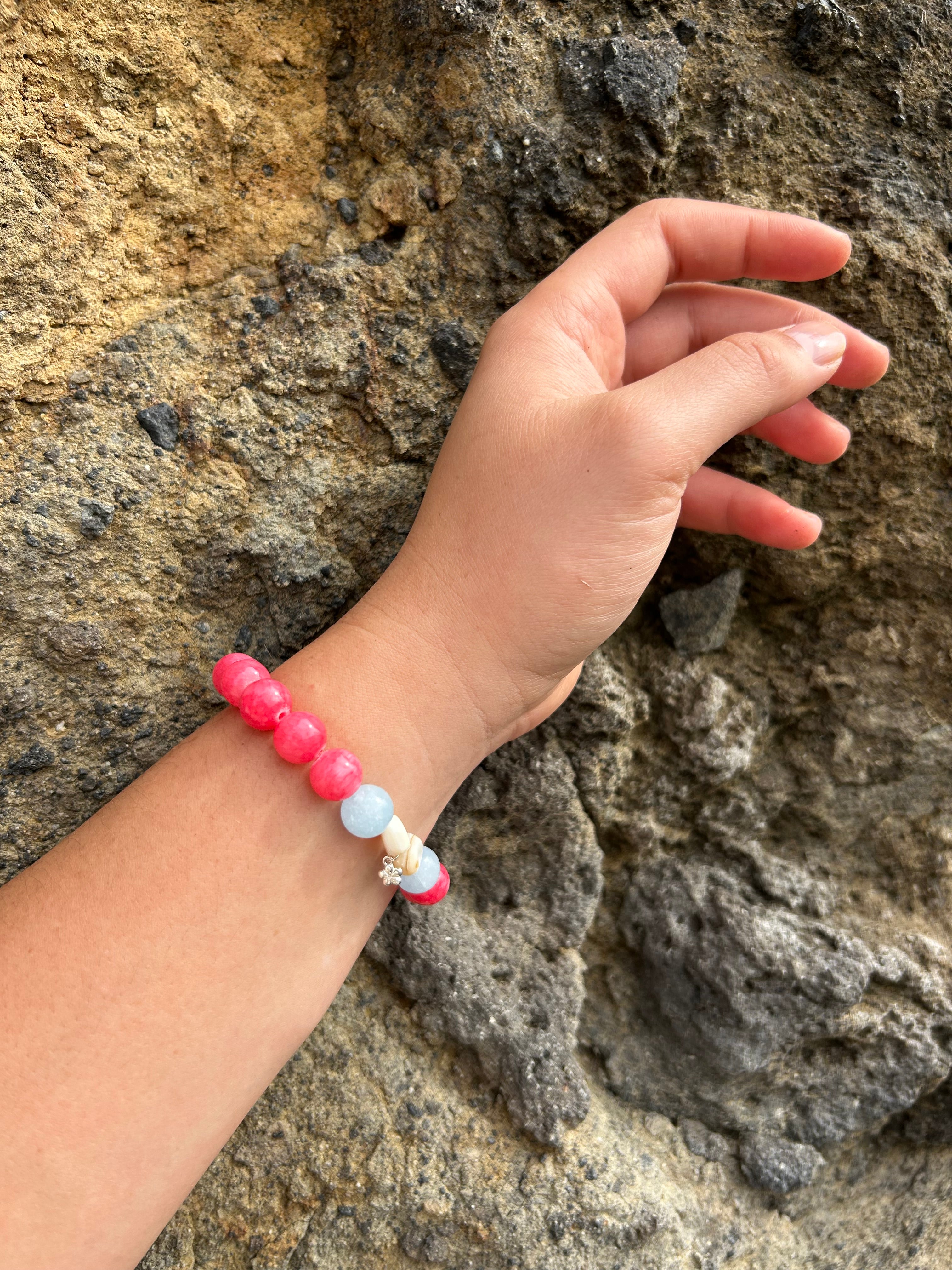 "Selfless Love" Rhodochrosite & Aquamarine Chalcedony Sterling Silver Charm Bracelet