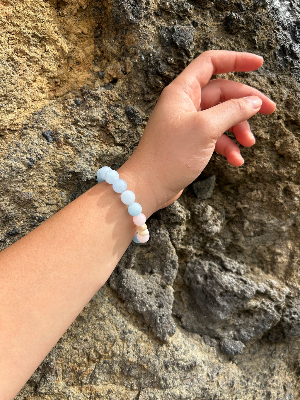 "Balance" Aquamarine Chalcedony & Rose Quartz Sterling Silver Charm Bracelet
