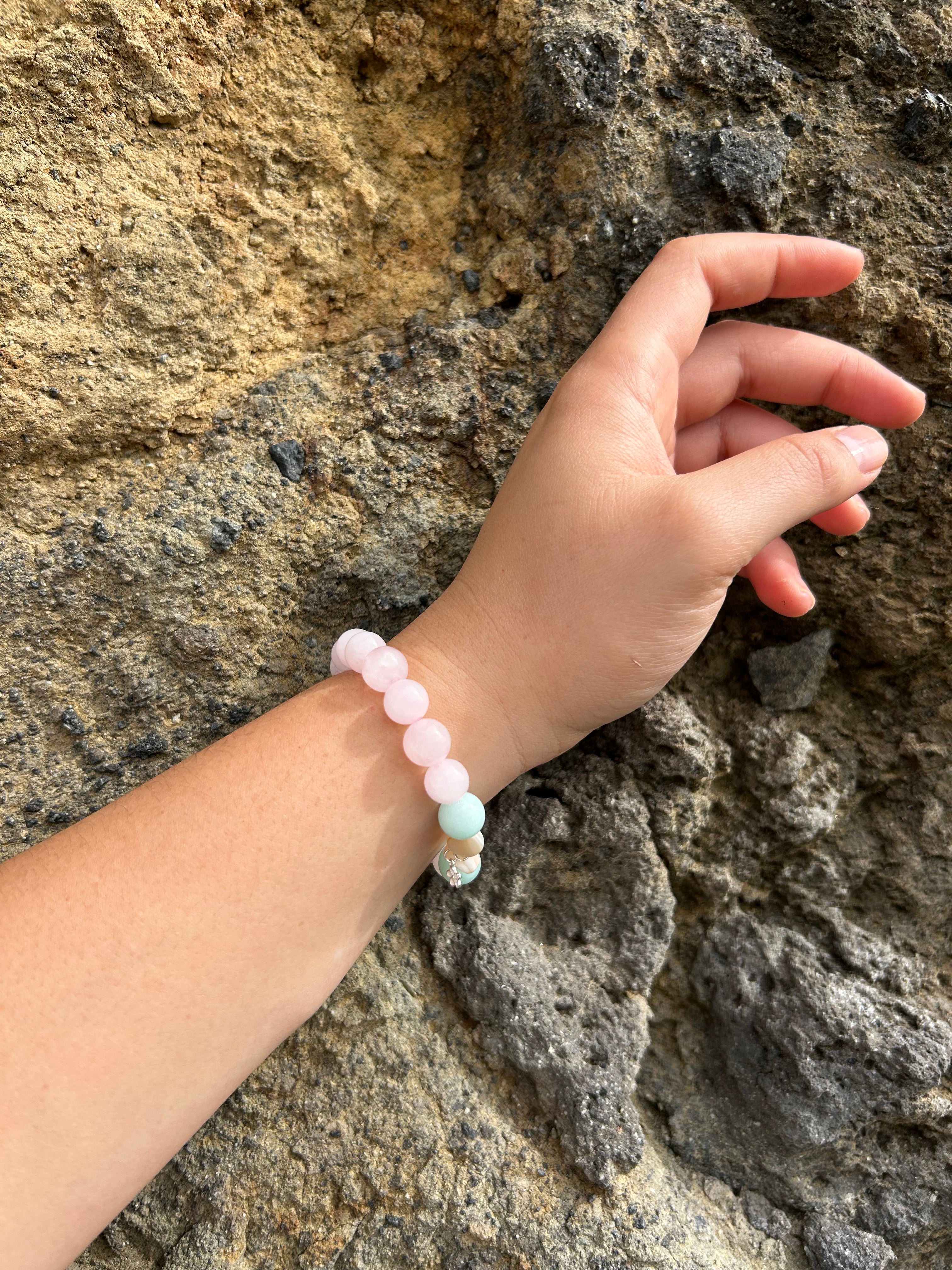 "Unconditional Love" Rose Quartz & Green Amazonite Gemstone and Sterling Silver Charm Bracelet