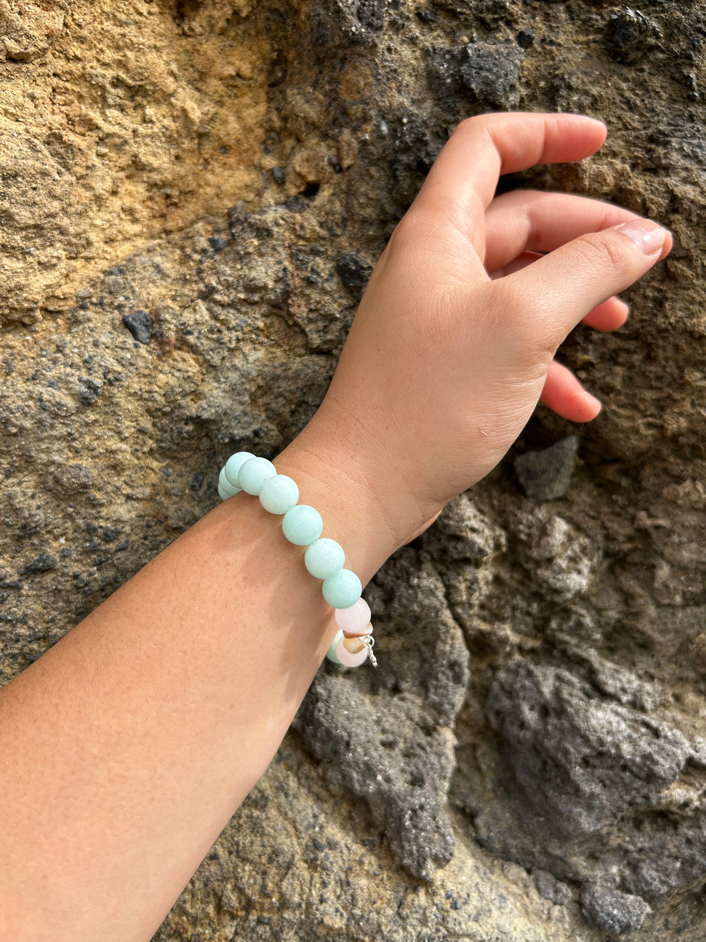 "Harmony" Green Amazonite & Rose Quartz Gemstone and Sterling Silver Charm Bracelet