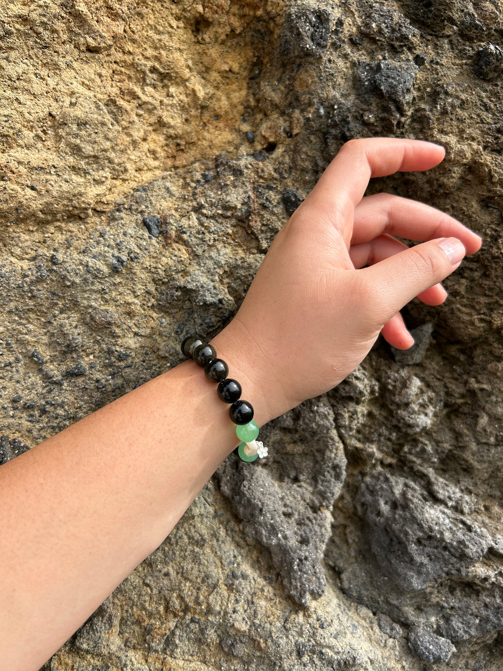 "Protection" Golden Obsidian & Green Aventurine Gemstone and Sterling Silver Charm Bracelet
