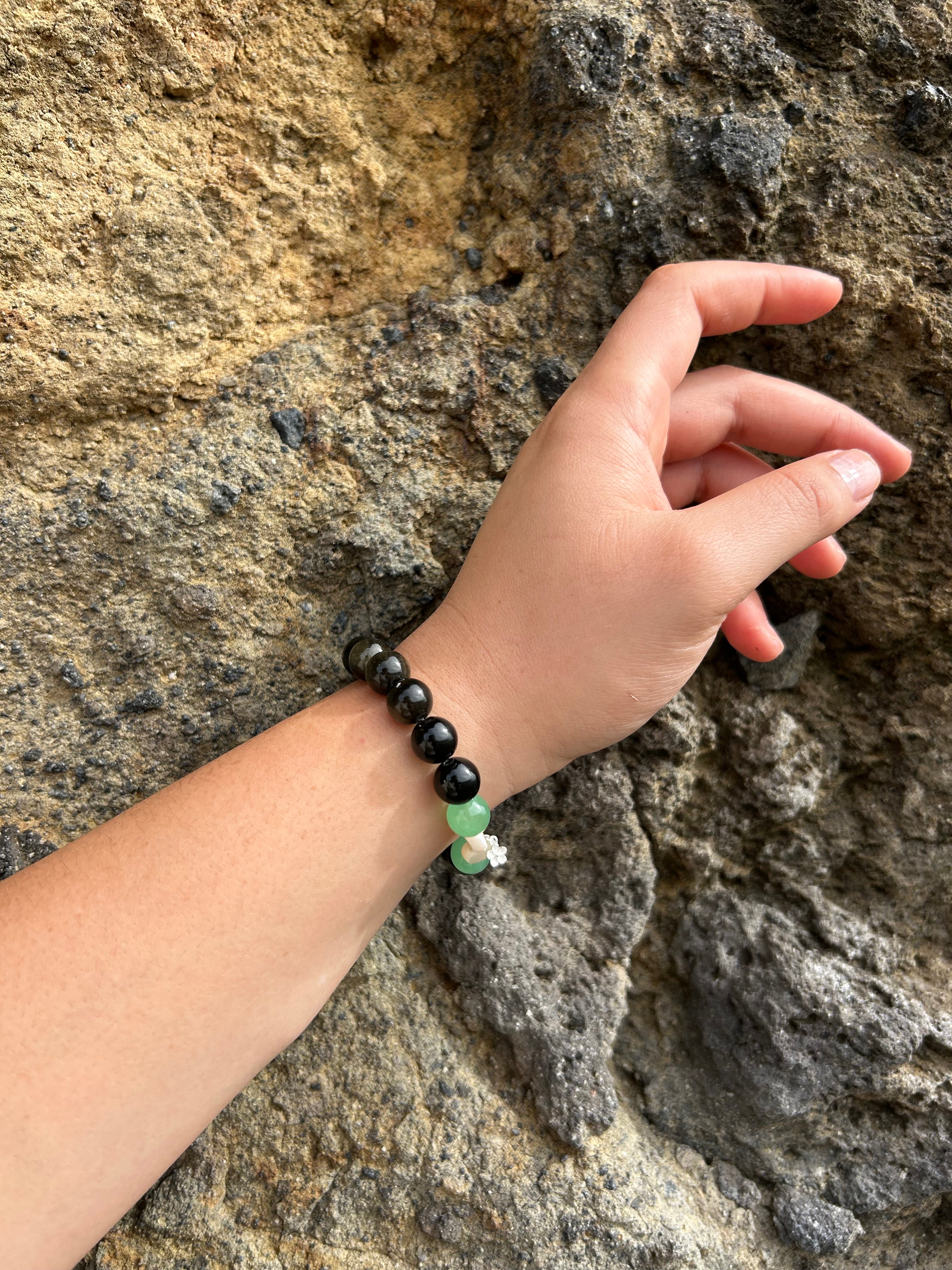 "Protection" Golden Obsidian & Green Aventurine Gemstone and Sterling Silver Charm Bracelet