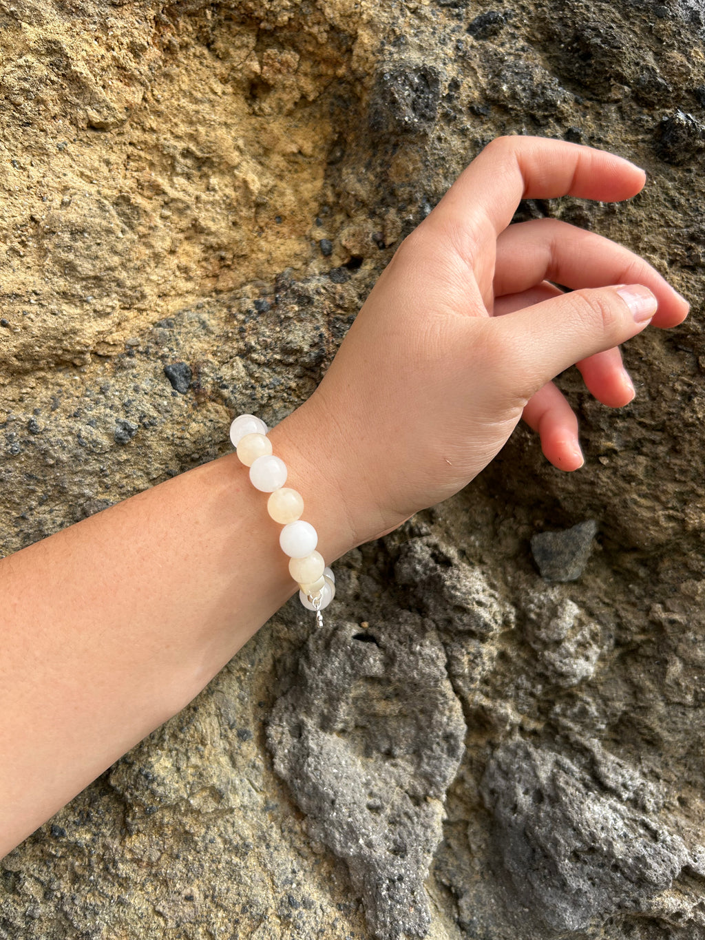 "Joy and Peace" Honey Calcite & White Jade Gemstone and Sterling Silver Charm Bracelet