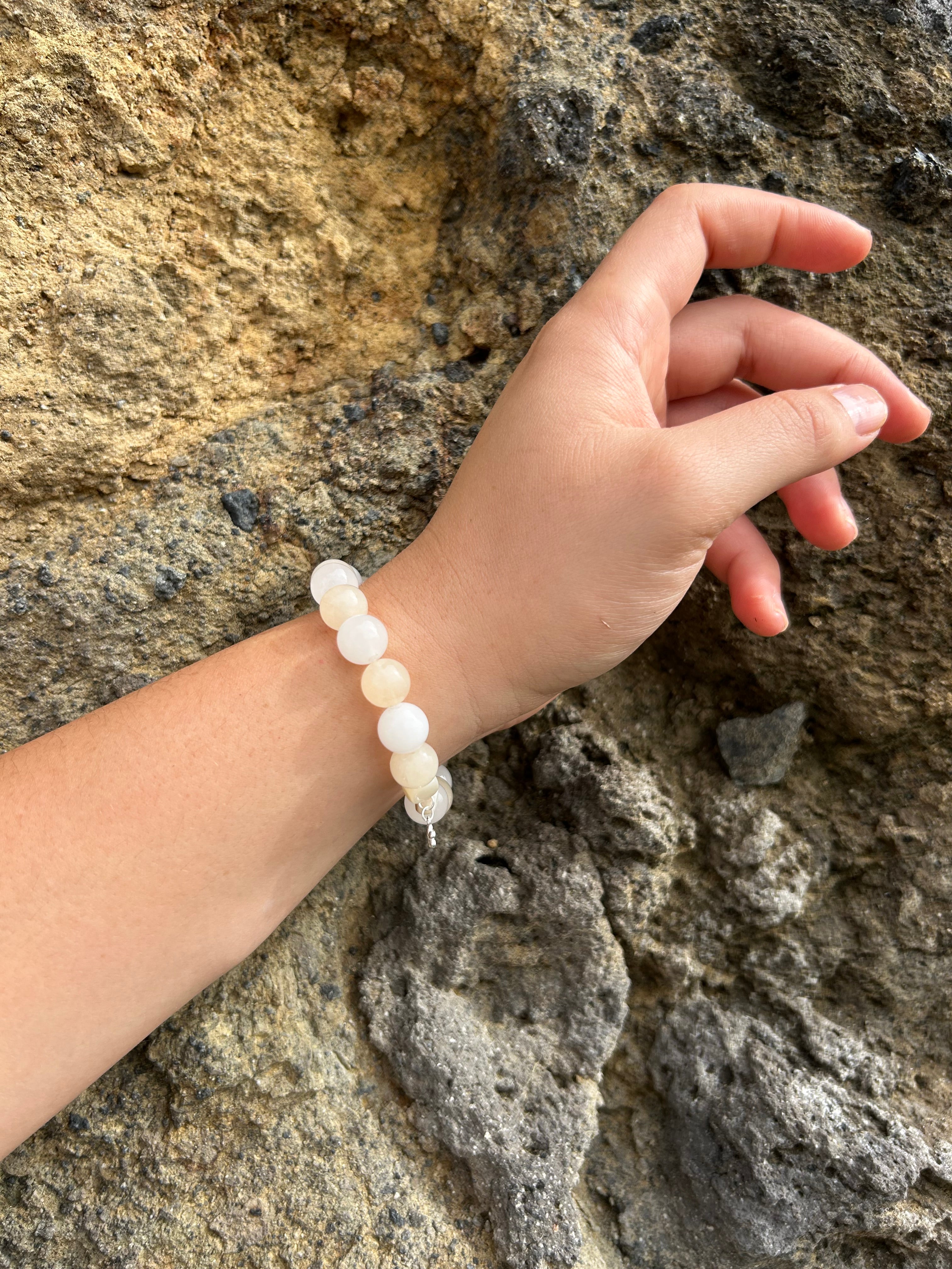 "Joy and Peace" Honey Calcite & White Jade Gemstone and Sterling Silver Charm Bracelet