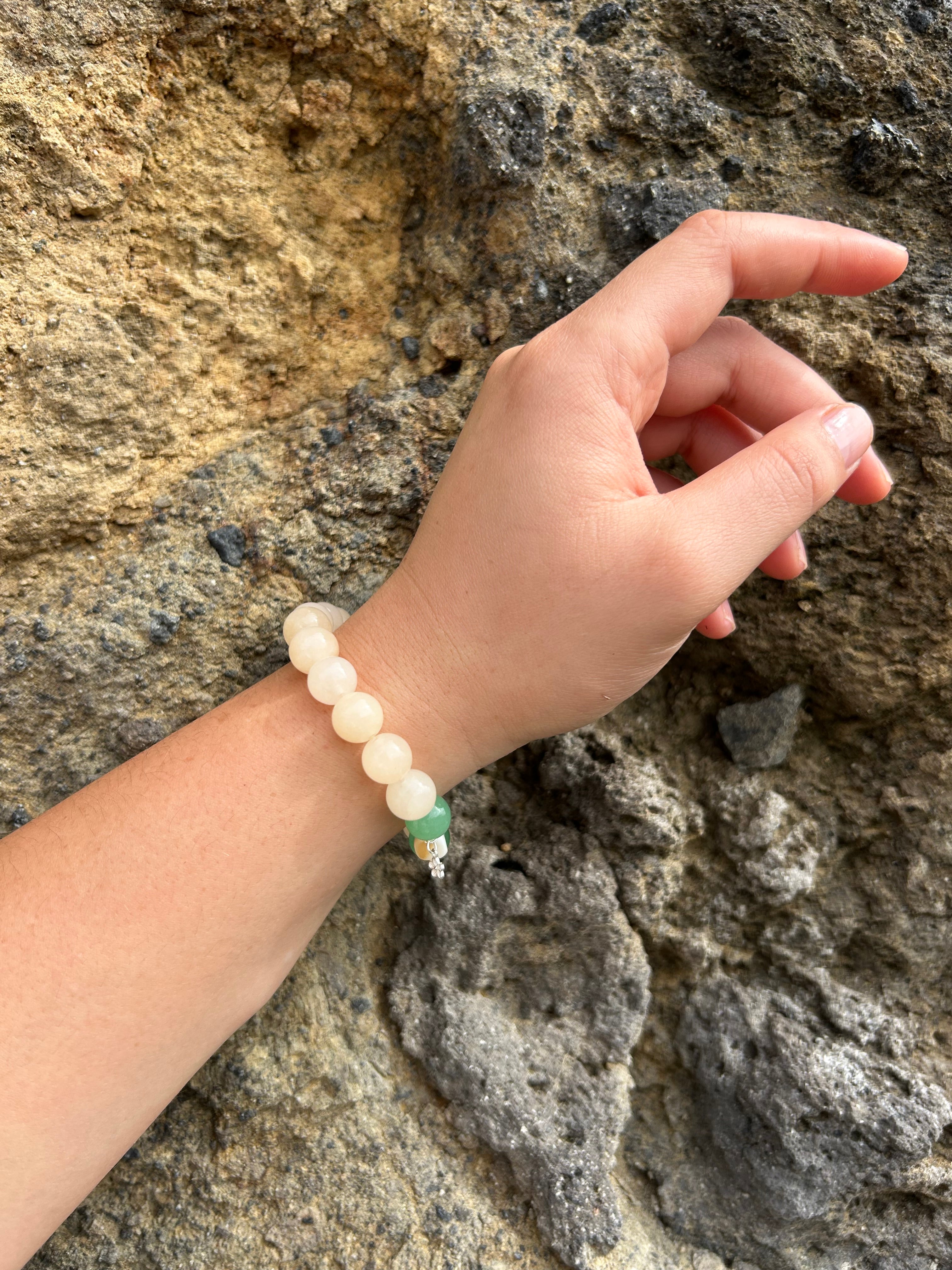"Success" Honey Calcite & Green Aventurine Gemstone & Sterling Silver Charm Bracelet